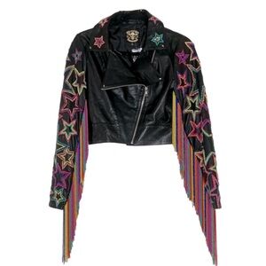 Any Old Iron Fringetastic Leather Moto Jacket Size SMALL. Rainbow beaded fringe